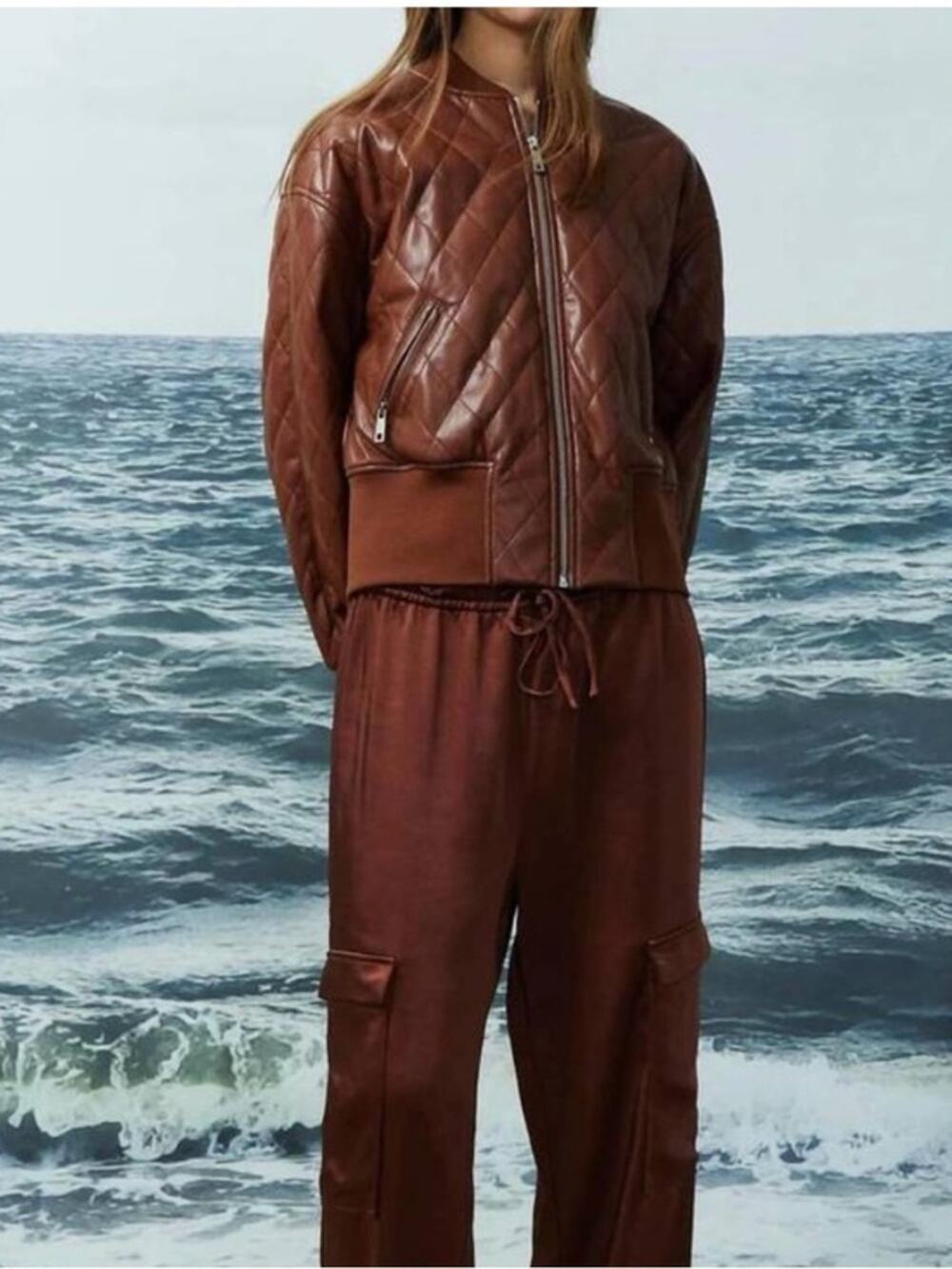 RARE Melissa Nepton, Brown quilted faux leather Pia bomber jacket. Medium.